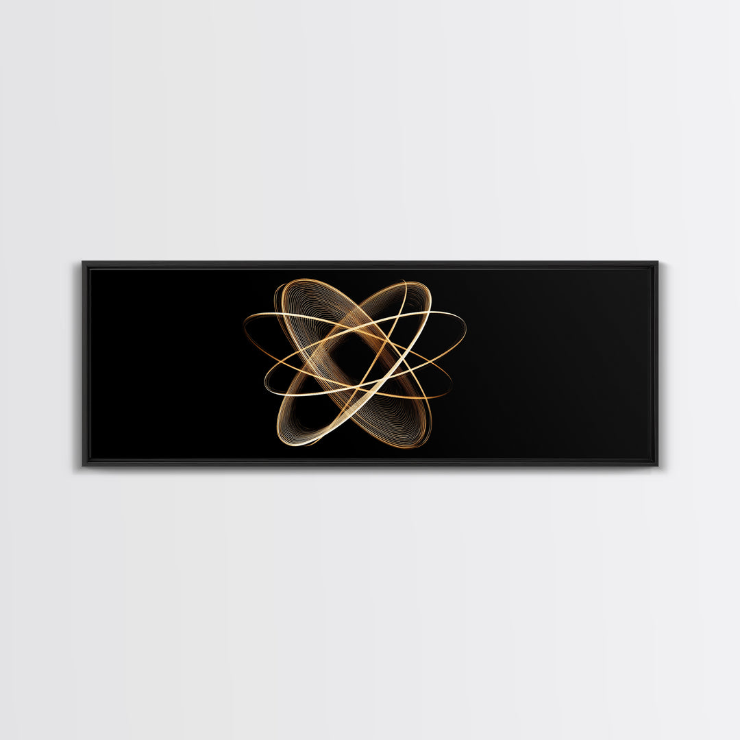 Gold Atomic Orbit Abstract Framed Canvas Print, Midcentury Modern Wall Art, Space Abstract Art, Retro Office Decor, Black Gold Decor