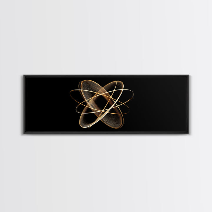 Gold Atomic Orbit Abstract Framed Canvas Print, Midcentury Modern Wall Art, Space Abstract Art, Retro Office Decor, Black Gold Decor