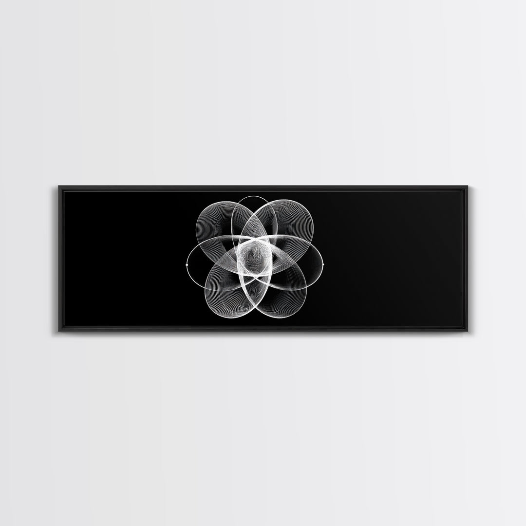 White Orbital Flower Abstract Wall Art, Modern Geometric Canvas, Black And White Midcentury Decor, Office Statement Print