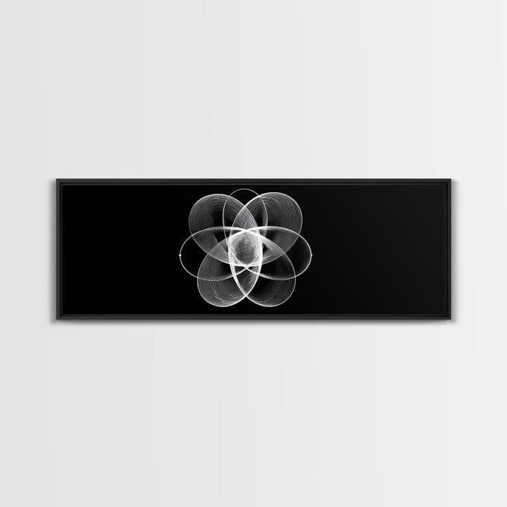 White Orbital Flower Abstract Wall Art, Modern Geometric Canvas, Black And White Midcentury Decor, Office Statement Print