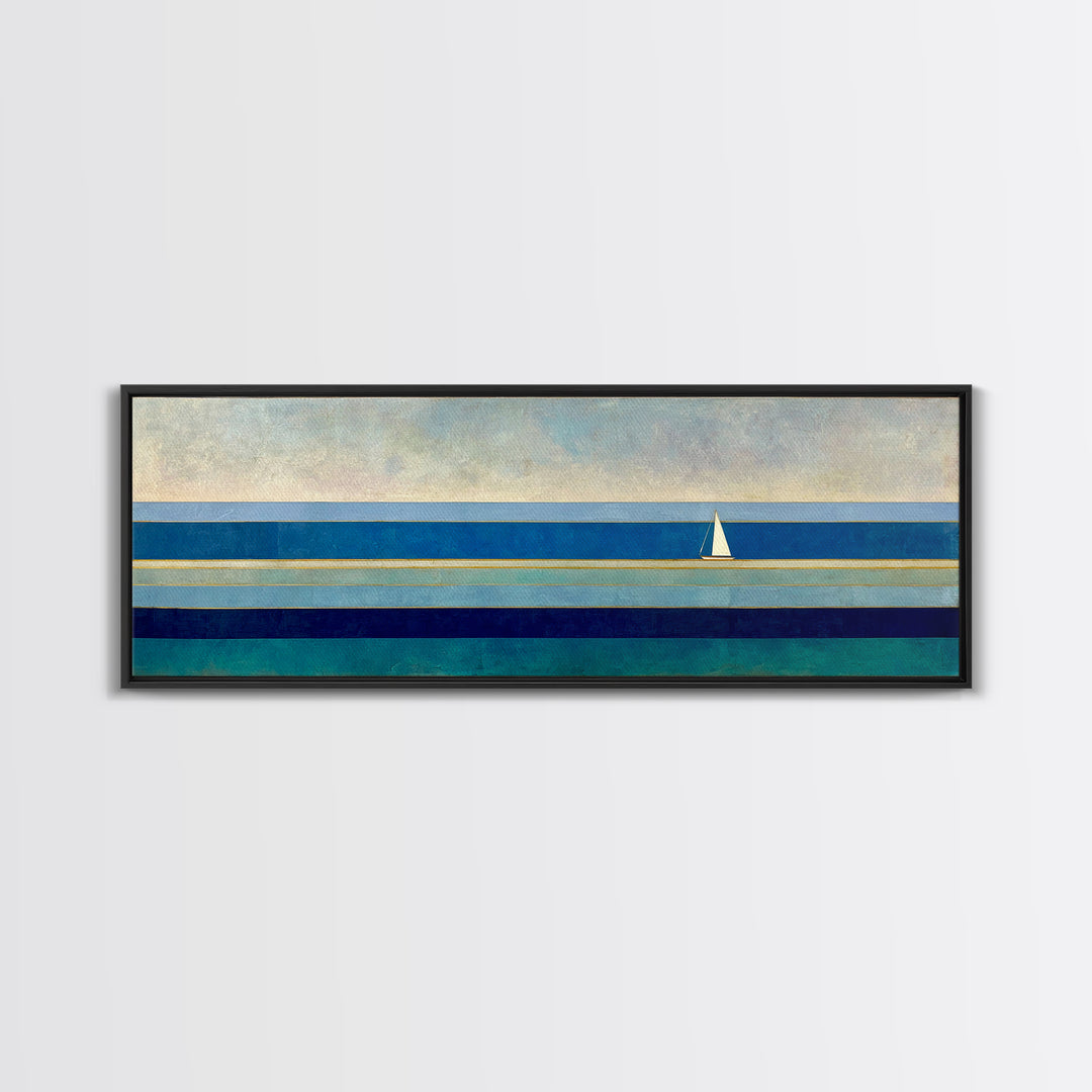 Minimal Sailboat Seascape Wall Art, Midcentury Modern Coastal Print, Blue Nautical Living Room Decor, Ocean Canvas Art Print