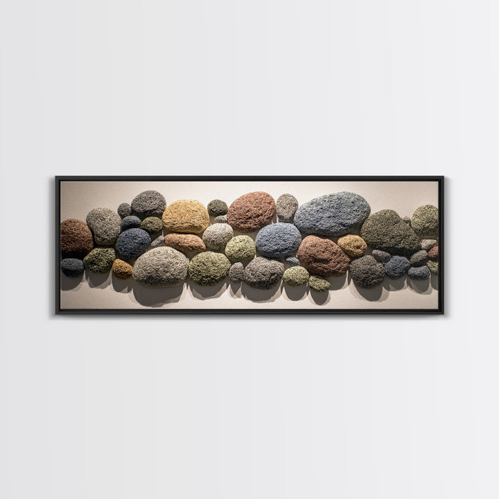 Neutral Pebble Stone Cluster Framed Canvas Print, Organic Abstract Wall Art, Modern Home Decor, Earth Tone Texture Poster