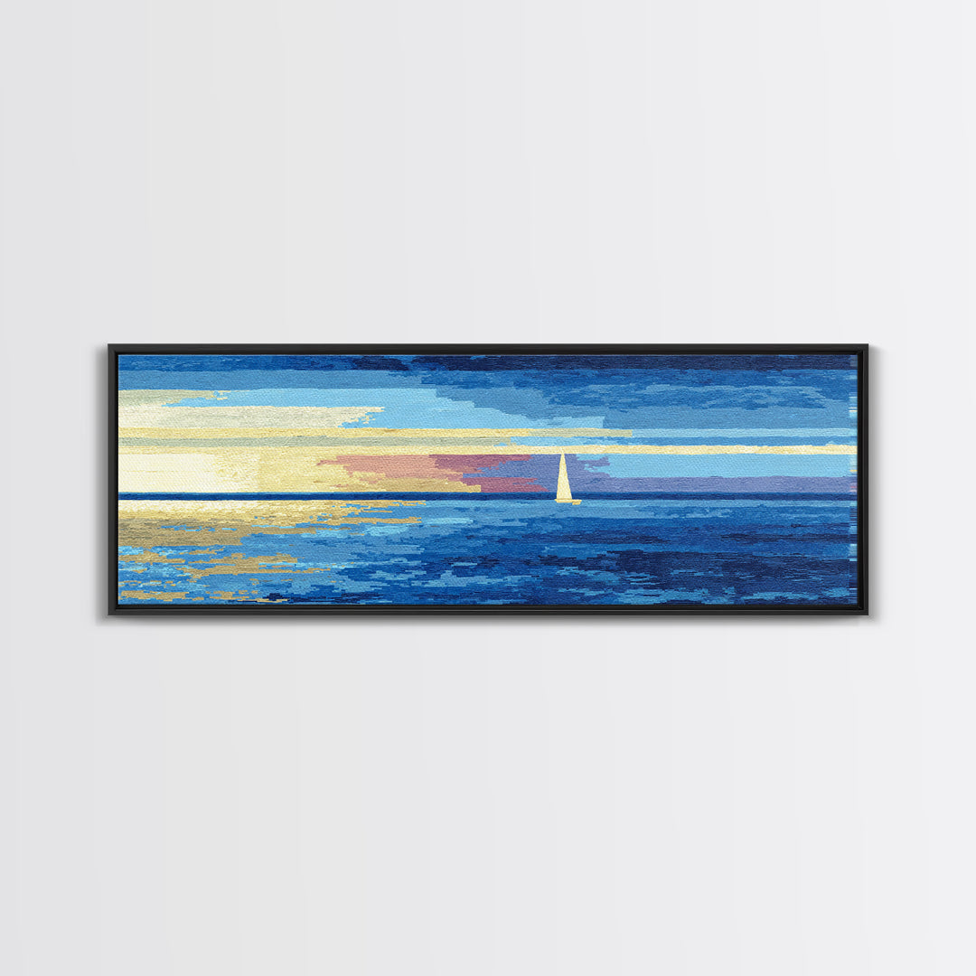 Blue Sailboat Ocean Horizon Canvas Print, Modern Coastal Wall Art, Nautical Seascape Decor, Calm Living Room Artwork Print