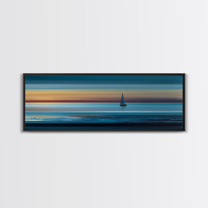 Lone Sailboat At Teal Sunset Seascape Wall Art, Panoramic Ocean Canvas, Coastal Living Room Decor, Modern Blue Art Print