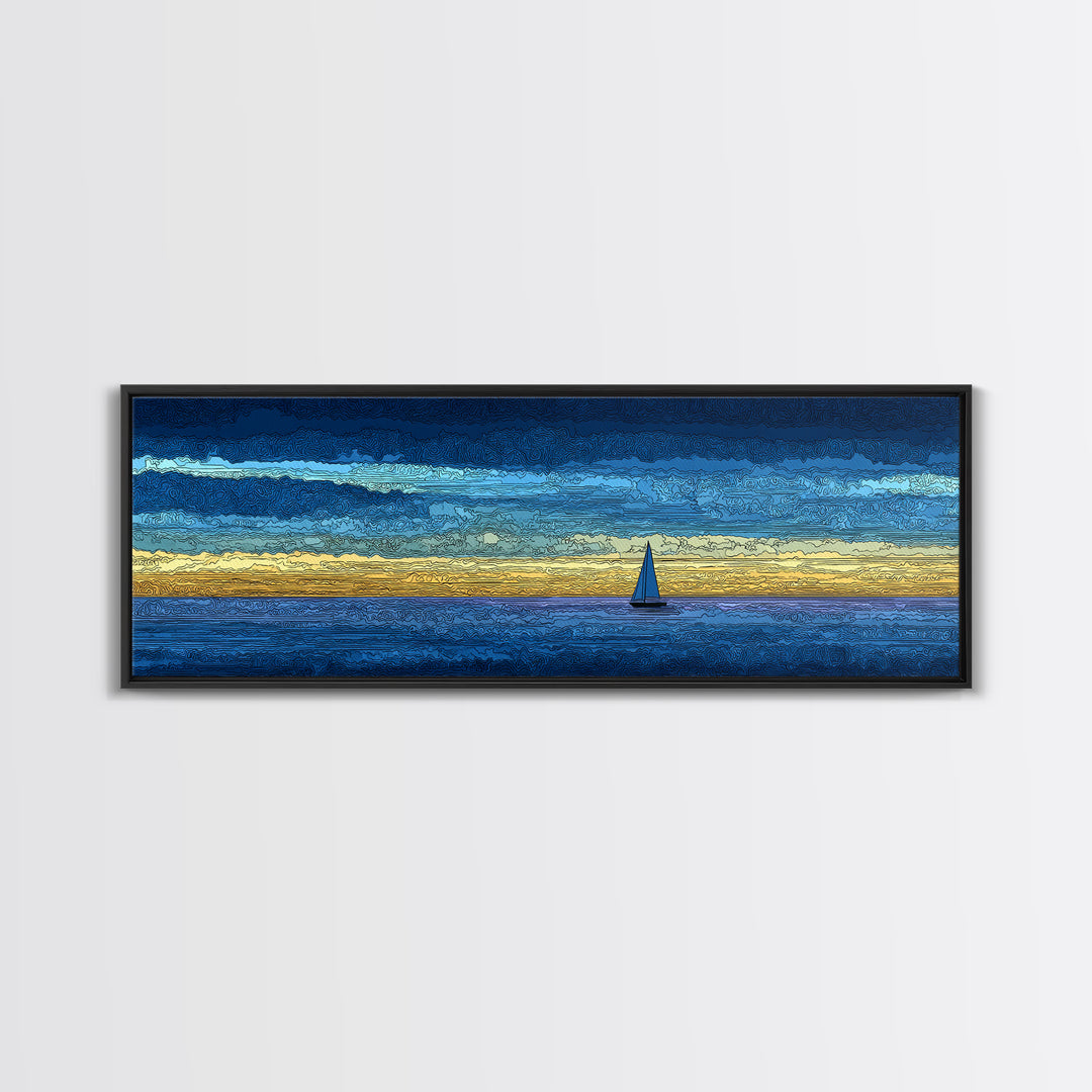 Tiny Sailboat On Golden Blue Horizon Canvas Print, Panoramic Seascape Wall Decor, Coastal Modern Art For Living Room Decor
