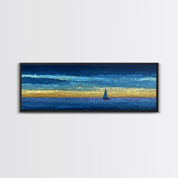 Tiny Sailboat On Golden Blue Horizon Canvas Print, Panoramic Seascape Wall Decor, Coastal Modern Art For Living Room Decor