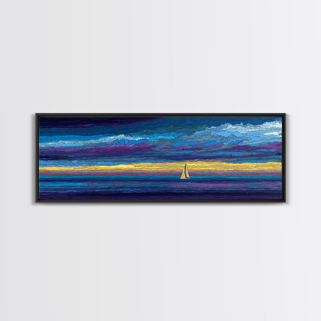 White Sailboat Under Stormy Purple Sky Framed Canvas Print, Panoramic Ocean Wall Art, Coastal Decor, Modern Blue Seascape