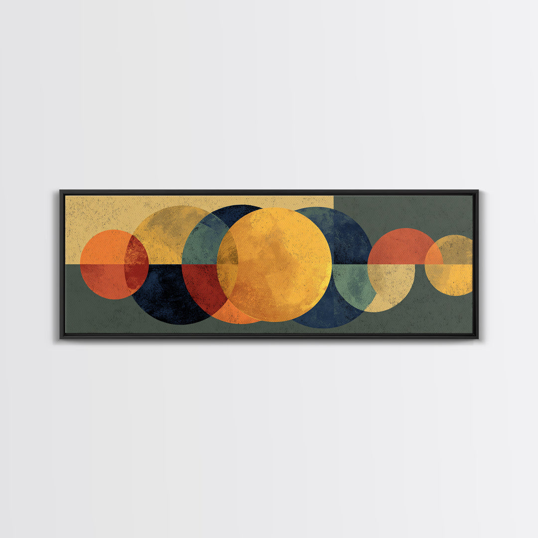 Golden Sun And Navy Circle Abstract Canvas Print, Midcentury Modern Wall Art, Geometric Living Room Decor, Retro MCM Poster