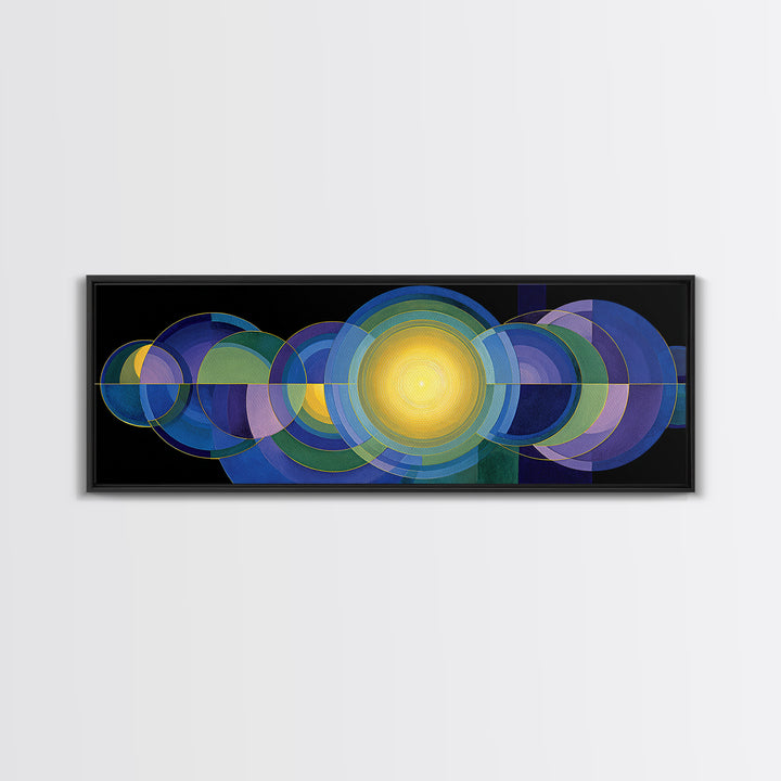 Radiant Yellow Center With Blue Green Circles Wall Art, Midcentury Modern Canvas Print, Geometric Abstract Statement Decor