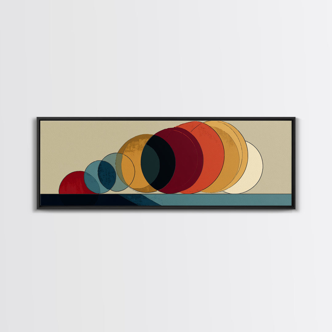 Overlapping Retro Circles In Ochre Red Blue And Cream Canvas Print, Midcentury Modern Art Print, Bauhaus MCM Wall Decor Poster