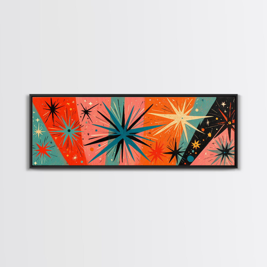 Orange Teal Atomic Starbursts On Coral And Black Canvas Print, Midcentury Modern Wall Art, Retro 50s 60s Home Decor Poster