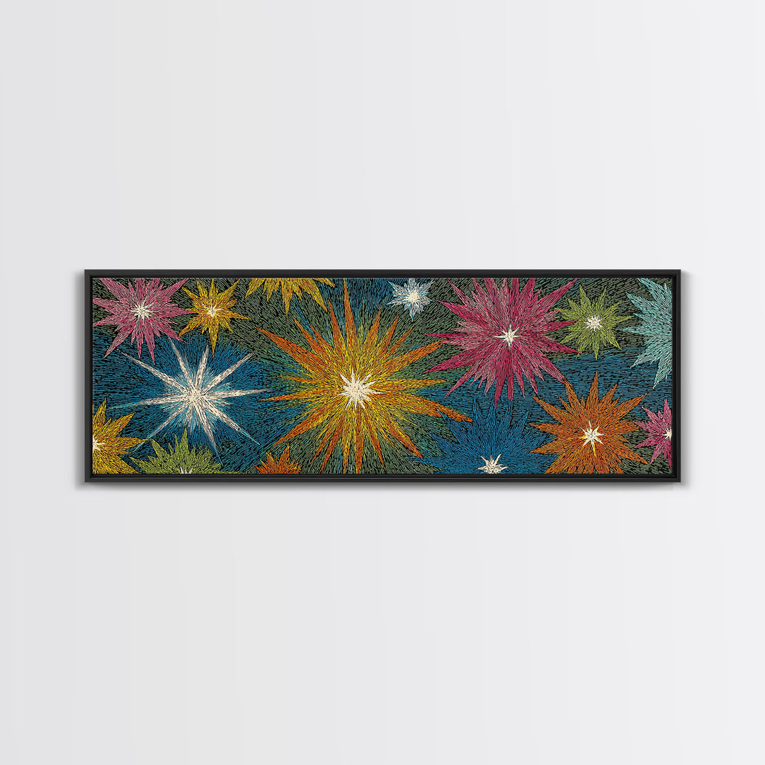 Scratchy Neon Fireworks In Pink Yellow Blue And Green Wall Art, Retro Atomic Starburst Print, Midcentury Modern Home Decor
