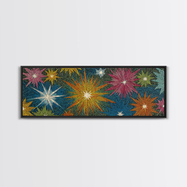 Scratchy Neon Fireworks In Pink Yellow Blue And Green Wall Art, Retro Atomic Starburst Print, Midcentury Modern Home Decor