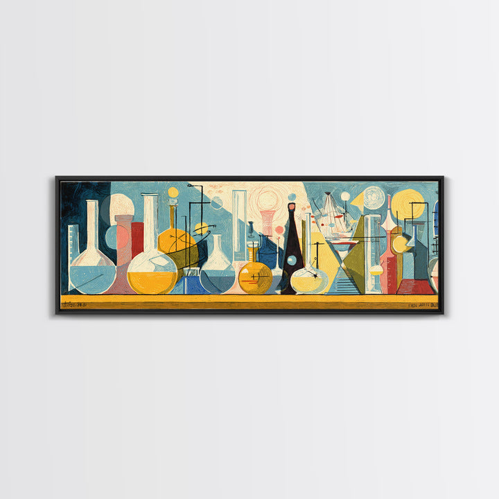 Modernist Laboratory Bottles And Beakers In Aqua Gold And Red Framed Canvas Print, Midcentury Modern Wall Art, Science Decor