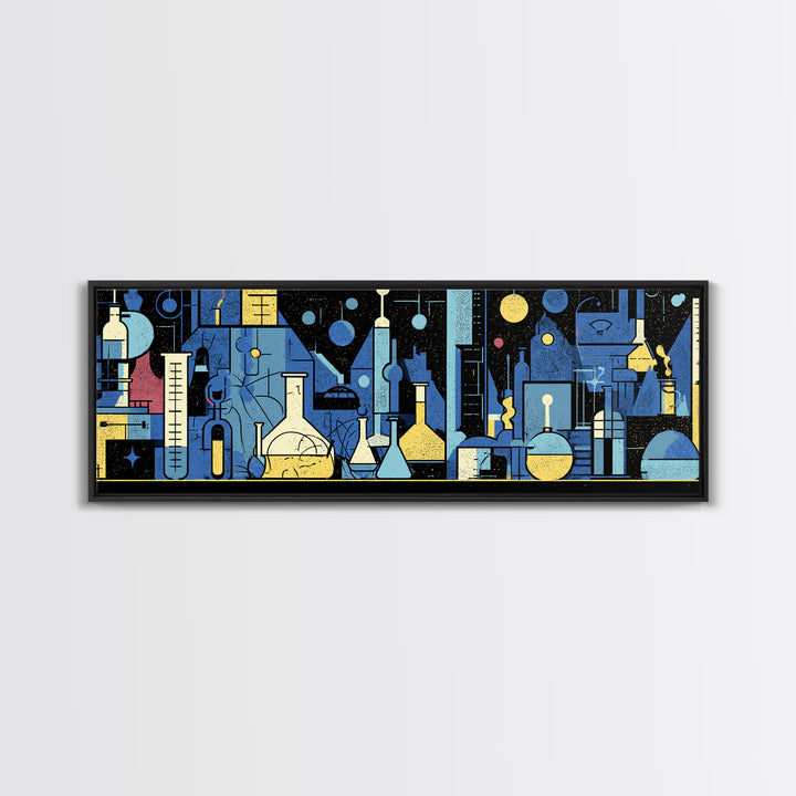 Blue Chemistry Laboratory Glassware Wall Art, Mid Century Modern Abstract Science Poster, Geometric Office Decor Print Set