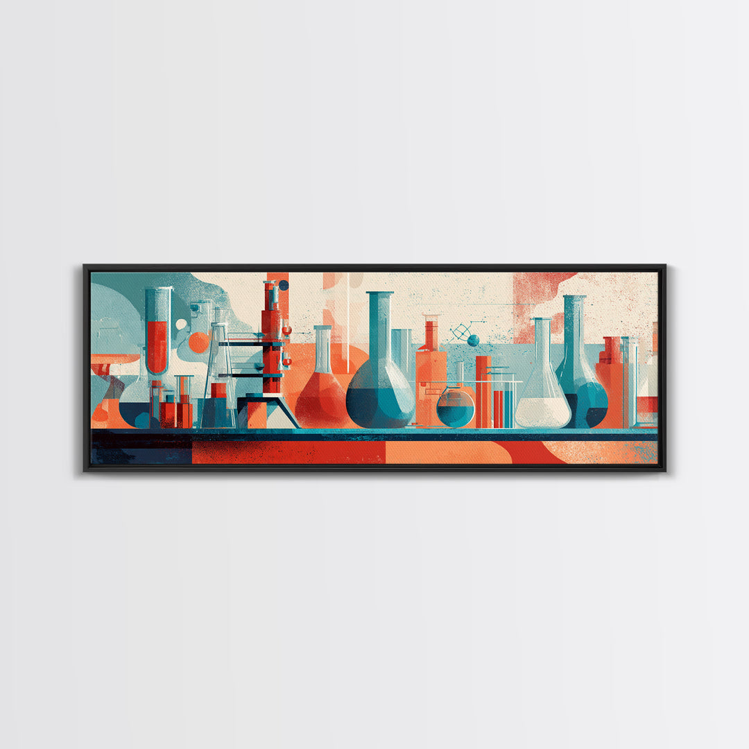 Teal And Coral Science Lab Framed Canvas Print, Mid Century Modern Chemistry Wall Art, Retro Abstract Office Decor Poster