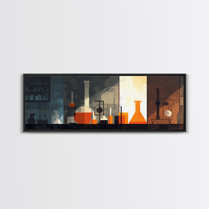 Moody Orange Laboratory Glassware Wall Art, Mid Century Modern Science Poster, Abstract Chemistry Office Decor Print For Lab