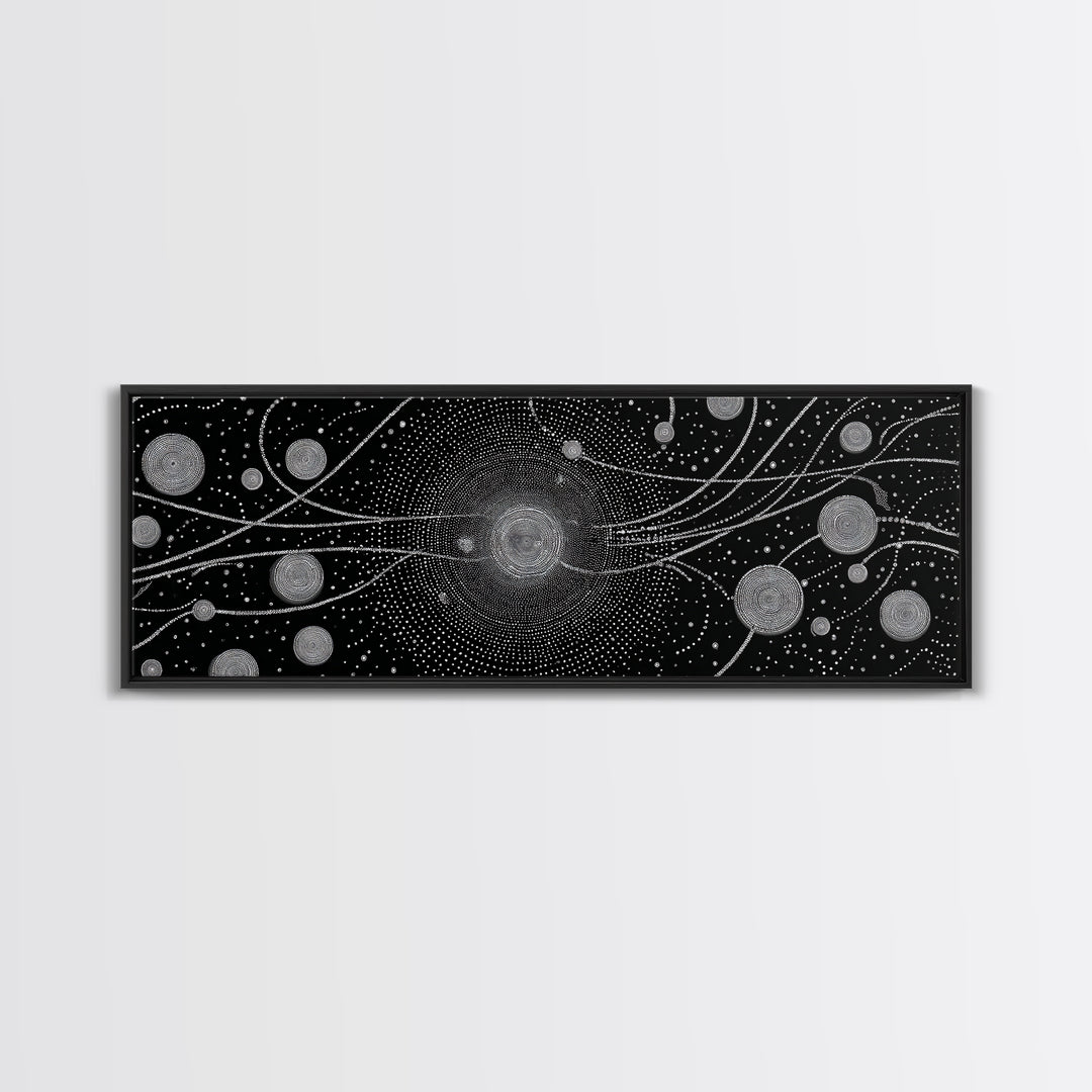 Black And White Particle Galaxy Framed Canvas Print, Modern Abstract Art, Sci Fi Space Wall Decor, Minimalist Office Poster