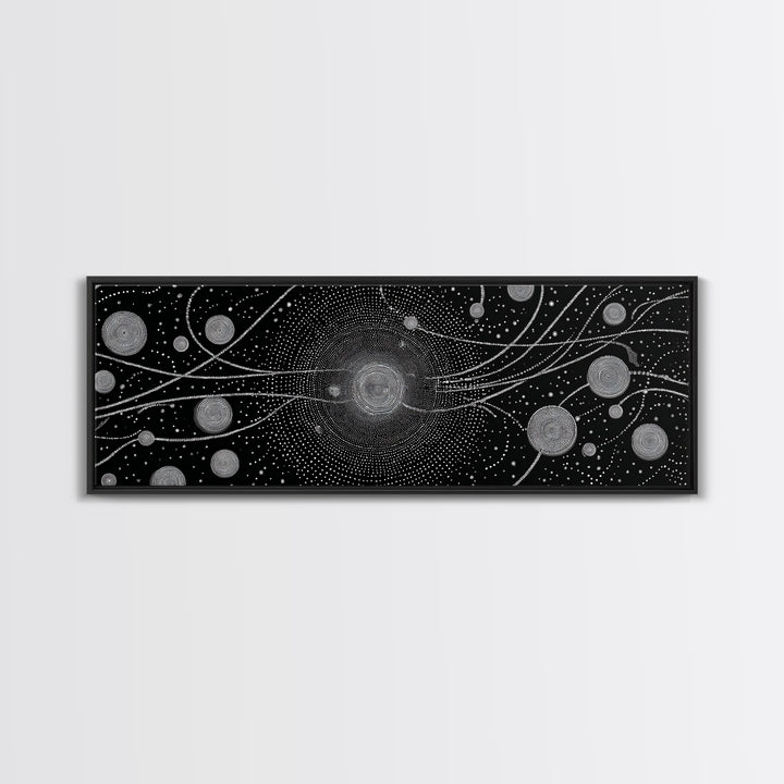 Black And White Particle Galaxy Framed Canvas Print, Modern Abstract Art, Sci Fi Space Wall Decor, Minimalist Office Poster