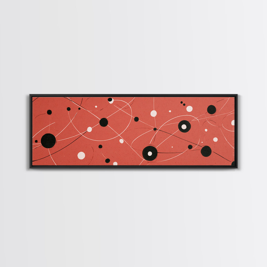 Coral Atomic Orbit Abstract With Black And White Dots, Midcentury Modern Wall Art, Retro Space Poster, MCM Home Decor, Large Canvas Print