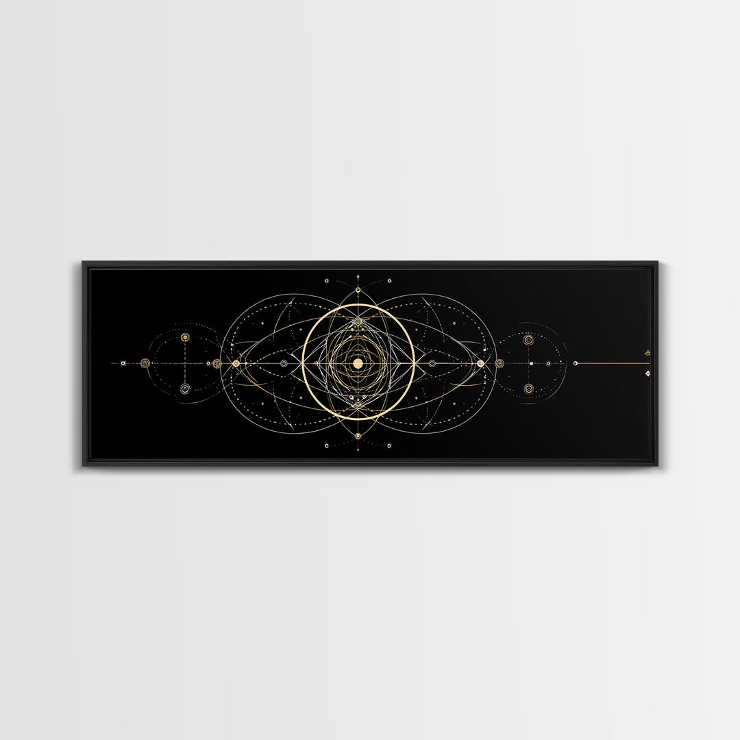Gold Sacred Geometry Mandala On Black, Spiritual Wall Art, Modern Abstract Art Print, Celestial Framed Canvas Print, Home Decor
