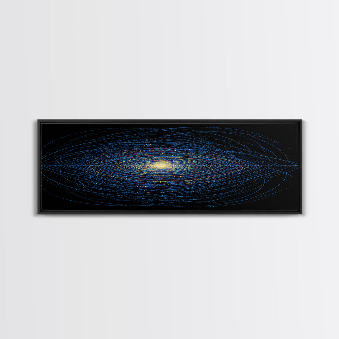 Blue Orbital Galaxy Lines On Black With Yellow Center, Space Abstract Wall Art, Modern Digital Art Print, Sci Fi Canvas Print