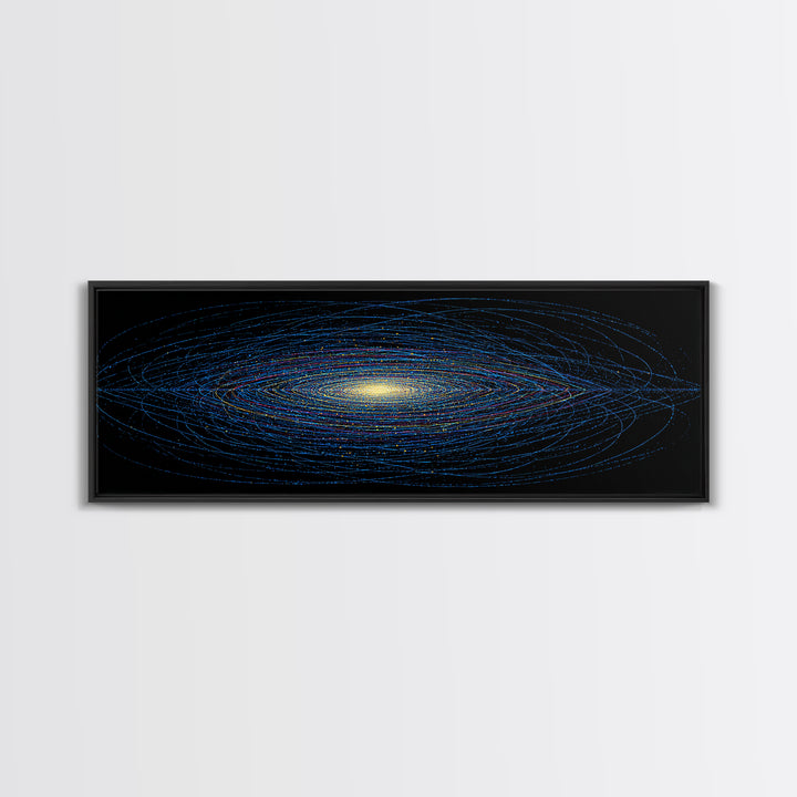 Blue Orbital Galaxy Lines On Black With Yellow Center, Space Abstract Wall Art, Modern Digital Art Print, Sci Fi Canvas Print