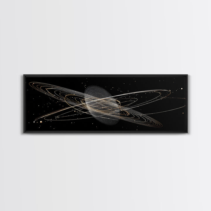Golden Saturn Orbit Particle Rings On Black, Cosmic Wall Art, Modern Abstract Art Print, Space Framed Canvas Print, For Office Decor