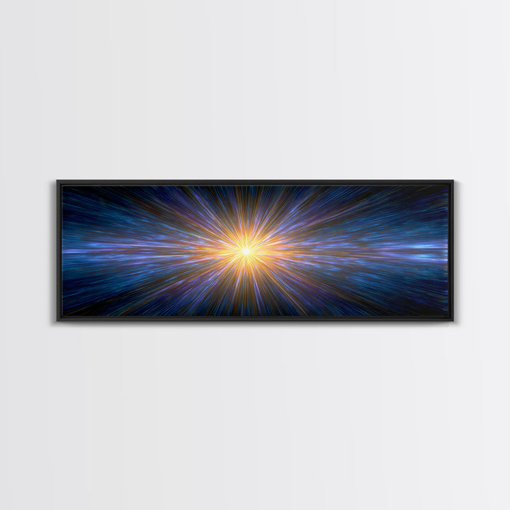 Radiant Blue And Gold Light Burst Horizon, Space Abstract Wall Art, Modern Digital Art Print, Sci Fi Canvas Print For Home