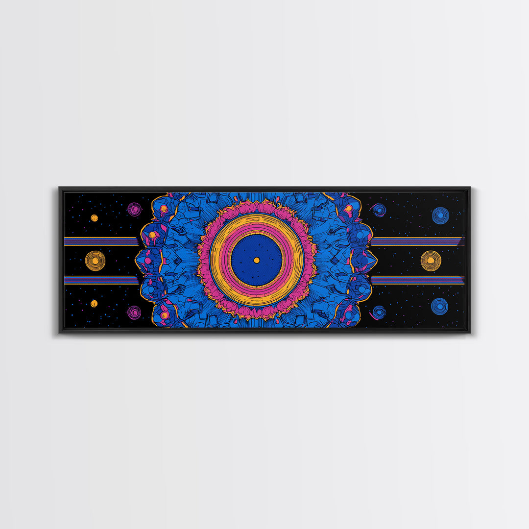 Blue Pink Cosmic Mandala Canvas Print, Psychedelic Abstract Wall Art, Retro Space Poster, Modern Geometric Home Decor Print