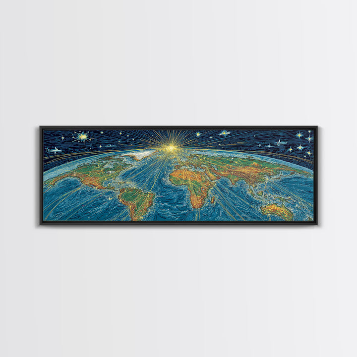 Radiant Earth From Space Wall Art, Midcentury Modern Map Poster, Cosmic Retro Illustration Canvas Print, Blue Home Decor