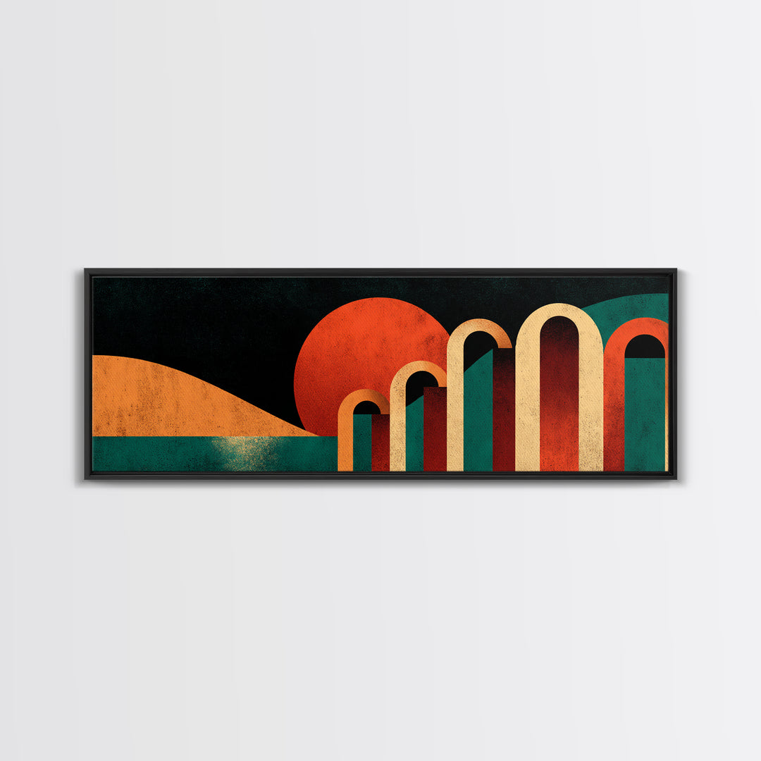 Desert Sunset With Teal Horizon And Retro Arches Canvas Print, Mid Century Modern Wall Decor, MCM Abstract Orange Art Poster