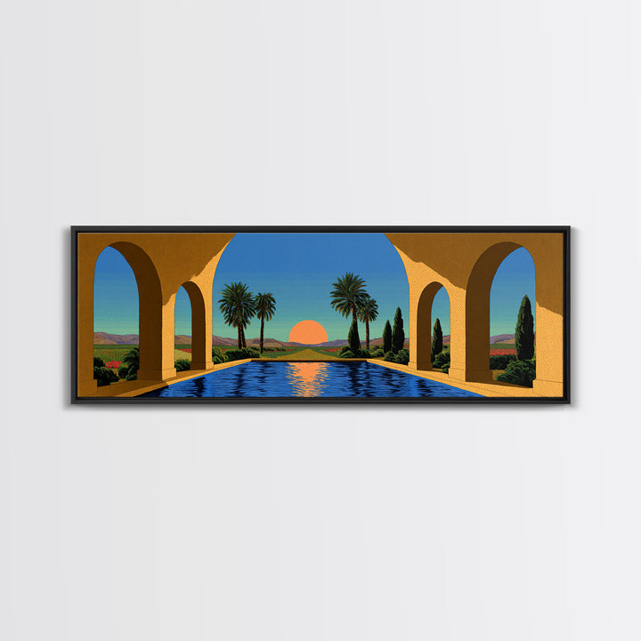 Palm Springs Pool With Golden Arches And Sunset Framed Canvas Print, Mid Century Modern Travel Poster Large Wall Art Decor