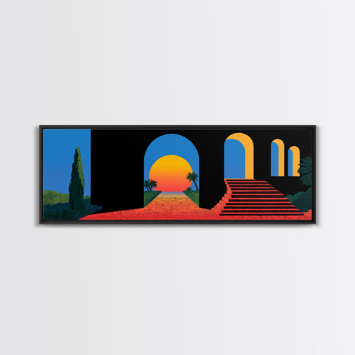 Black Blue Terrace With Sunset Portal And Red Steps Wall Art, Retro Mid Century Modern Poster, MCM Architectural Decor Print