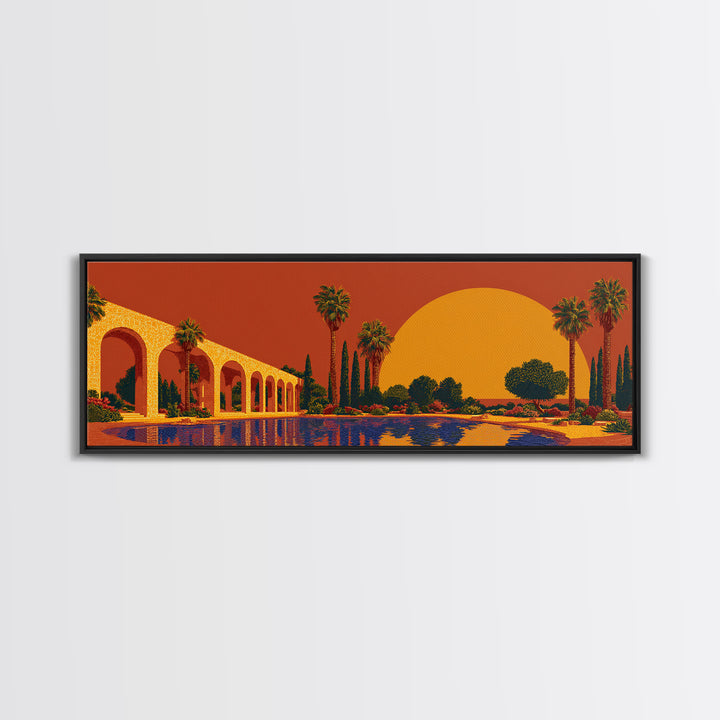 Orange Palm Oasis With Colonnade Pool And Giant Sun Framed Canvas Print, Mid Century Modern Wall Art, Retro Desert Decor
