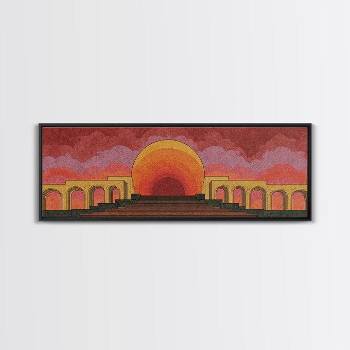 Monumental Sunset Theater With Arches And Stone Steps Canvas Print, Retro Mid Century Modern Wall Art, Orange Landscape Poster