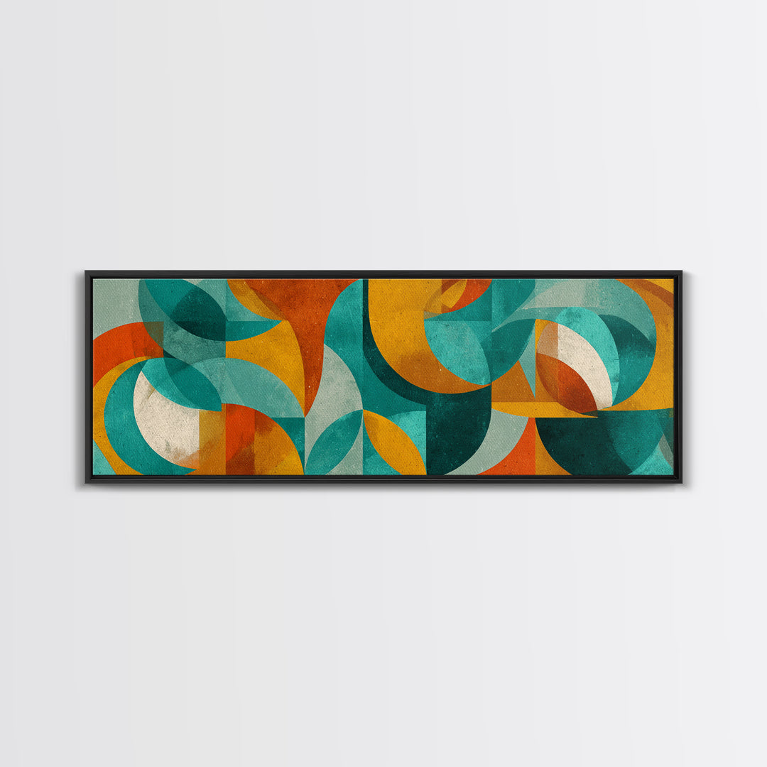 Teal Ochre Geometric Circles And Transparent Shapes Wall Art, Mid Century Modern Abstract Print, Bauhaus Colorblock Decor