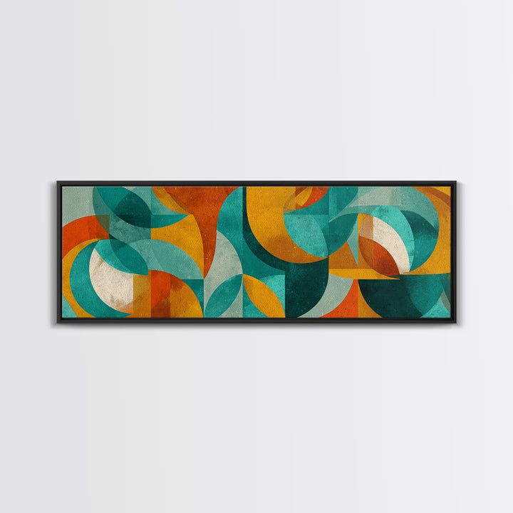 Teal Ochre Geometric Circles And Transparent Shapes Wall Art, Mid Century Modern Abstract Print, Bauhaus Colorblock Decor
