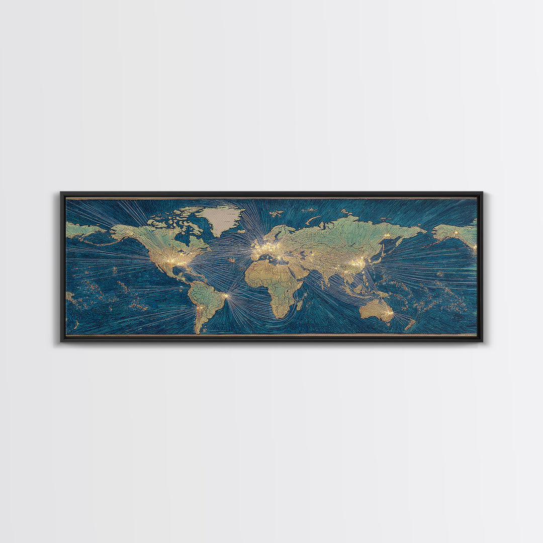Blue Gold World Map Wall Art, Midcentury Modern Travel Poster, Geometric Global Lines Canvas Print, Office Wall Decor, Gift