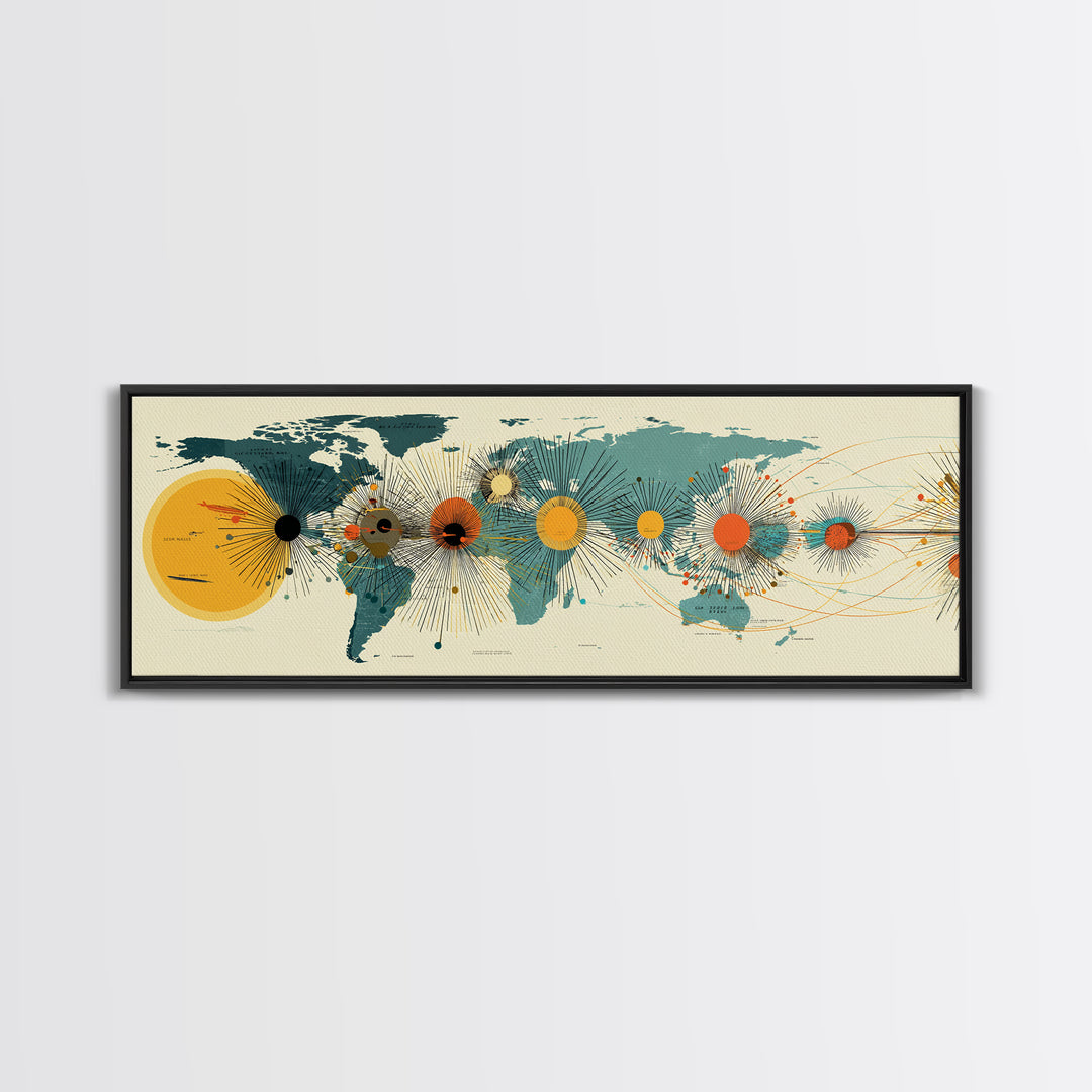 Solar System World Map Wall Art, Midcentury Modern Space Poster, Retro Planetary Lines Framed Canvas Print, Office Decor