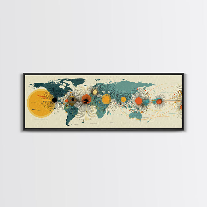 Solar System World Map Wall Art, Midcentury Modern Space Poster, Retro Planetary Lines Framed Canvas Print, Office Decor