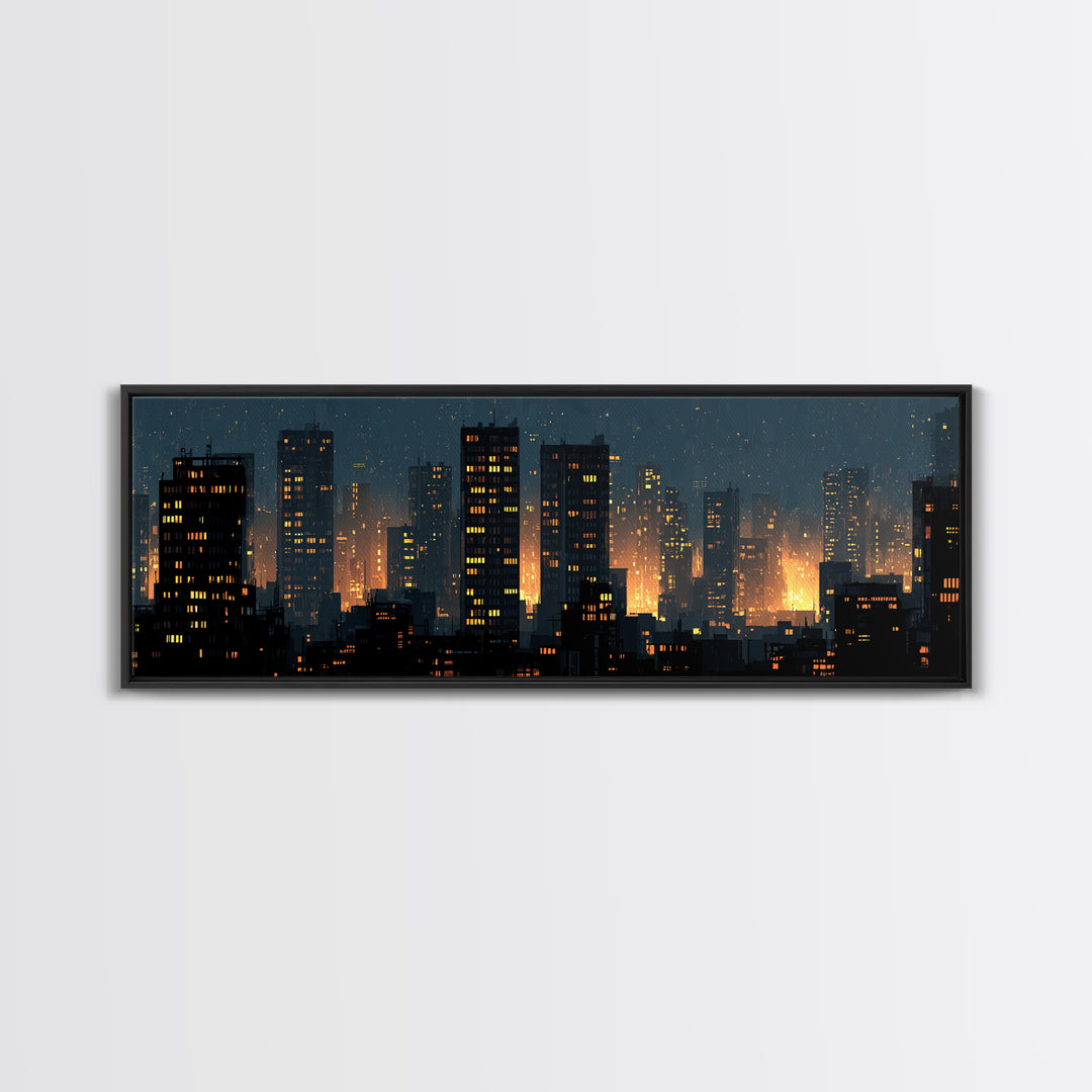 Rainy Night City Silhouette Wall Art, Moody Urban Skyline Print, Modern Skyscraper Lights Poster, Industrial Office Decor