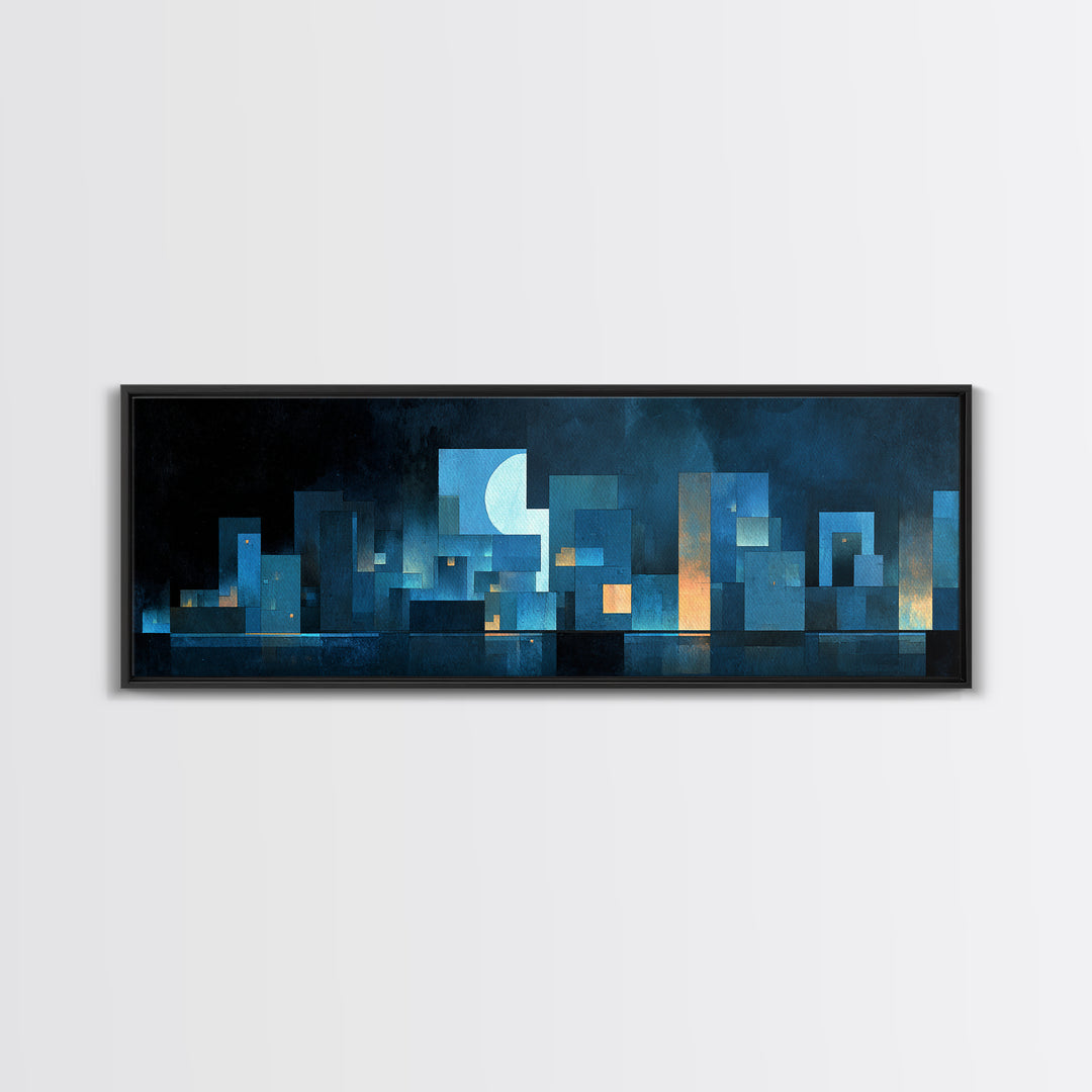 Blue Moon Geometric City Skyline Wall Art, Midcentury Modern Art Print, Abstract Urban Night Decor, MCM Living Room Poster