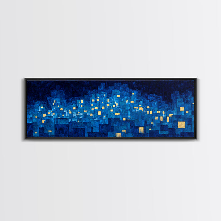 Mosaic Blue City Night Wall Art, Modern Abstract Art Print, Urban Skyline Lights, MCM Wall Decor, Large Living Room Artwork