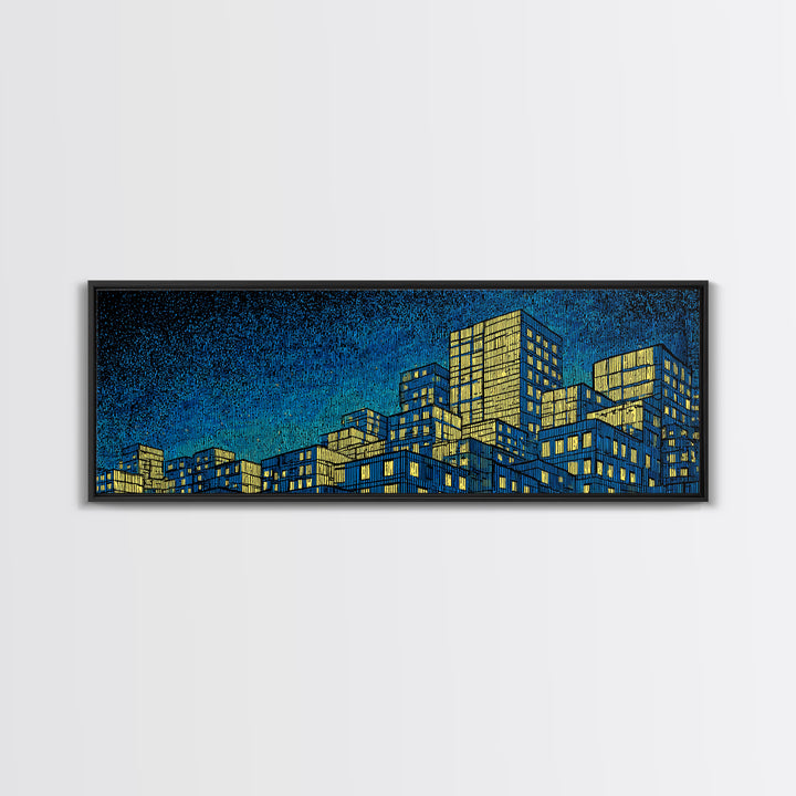Yellow Blue Skyscraper Skyline Framed Canvas Print, Modern Wall Art, Architectural Cityscape Poster, Office Decor For Loft
