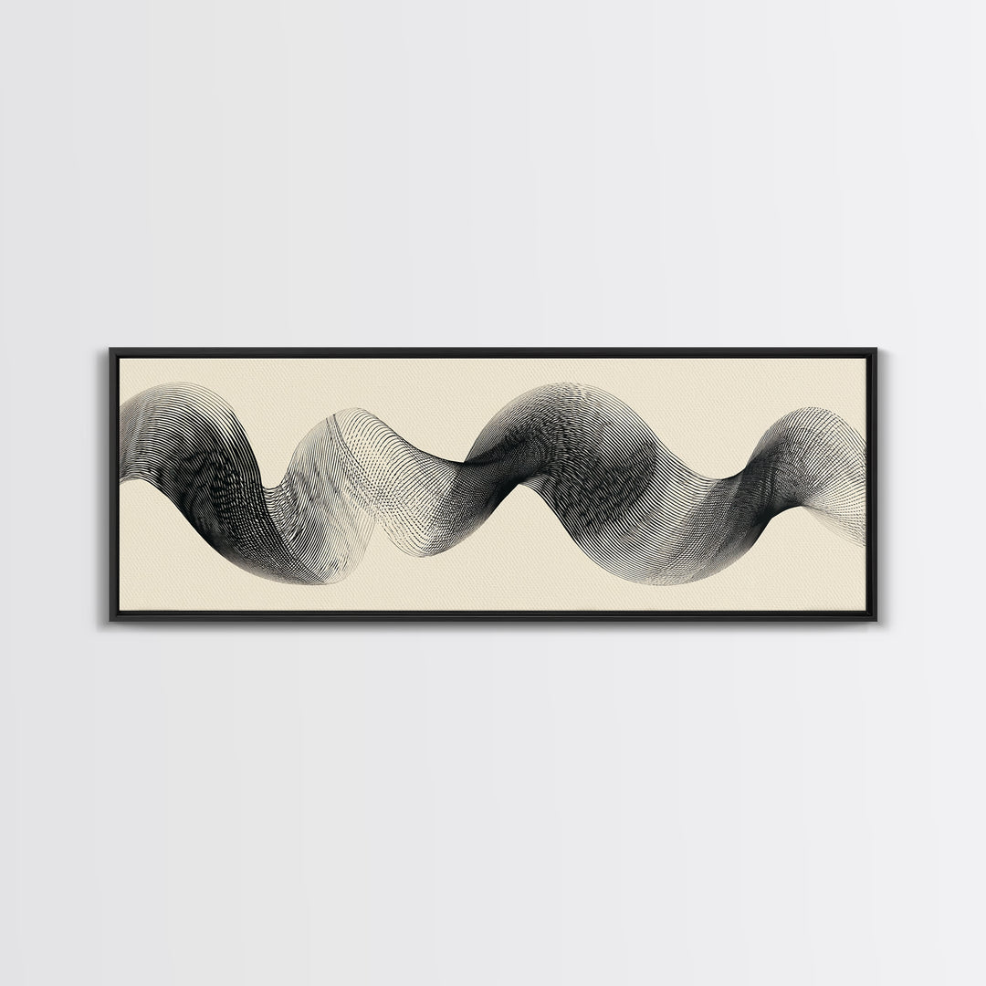 Black Ink Sine Wave Framed Canvas Print, Minimalist Abstract Wall Art, Modern Geometric Line Poster, Neutral Office Decor