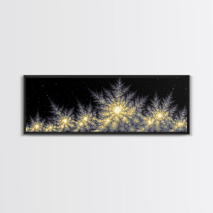 Golden Sparkling Tree Line Wall Art, Panoramic Winter Night Poster, Modern Abstract Art Print, Festive Metallic Home Decor