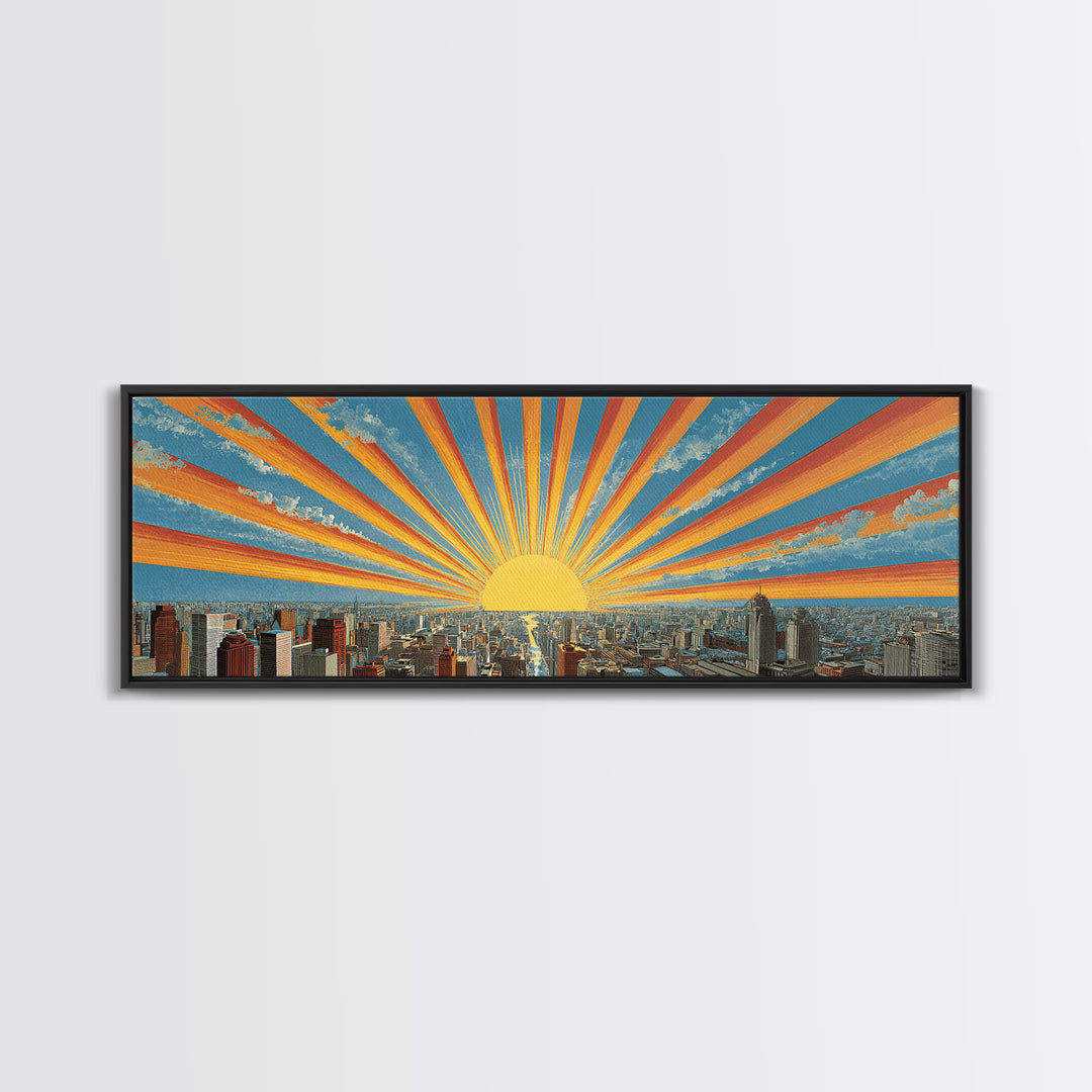 Radiant Sunrise City Skyline Framed Canvas Print, Panoramic Retro Travel Poster, Midcentury Modern Wall Art, Bright Home Decor
