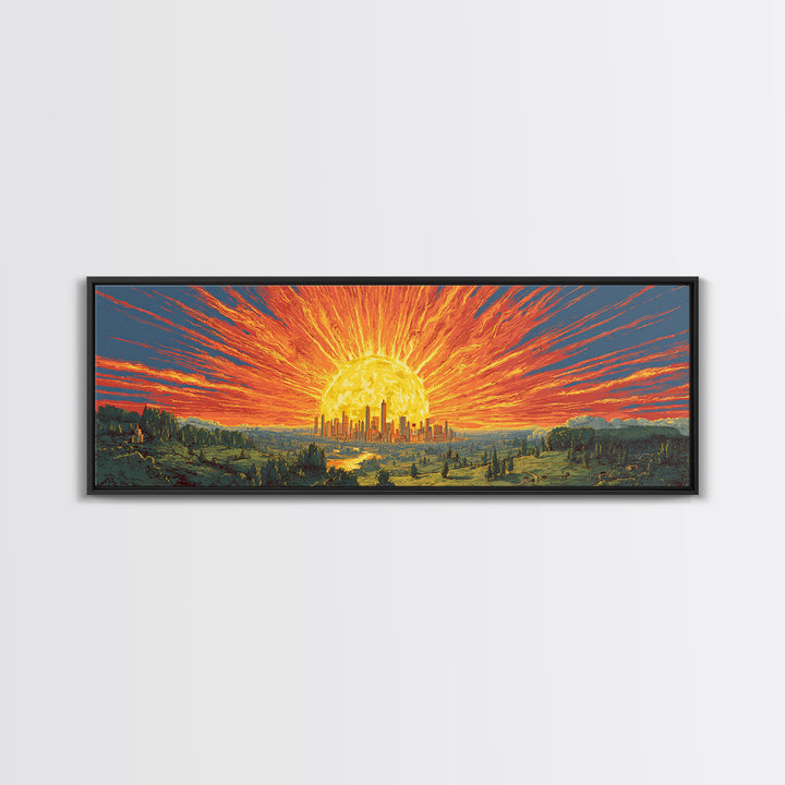 Fiery Solar Cityscape Canvas Print, Panoramic Apocalypse Sunset Poster, Bold Modern Abstract Art, Orange Wall Decor For Home