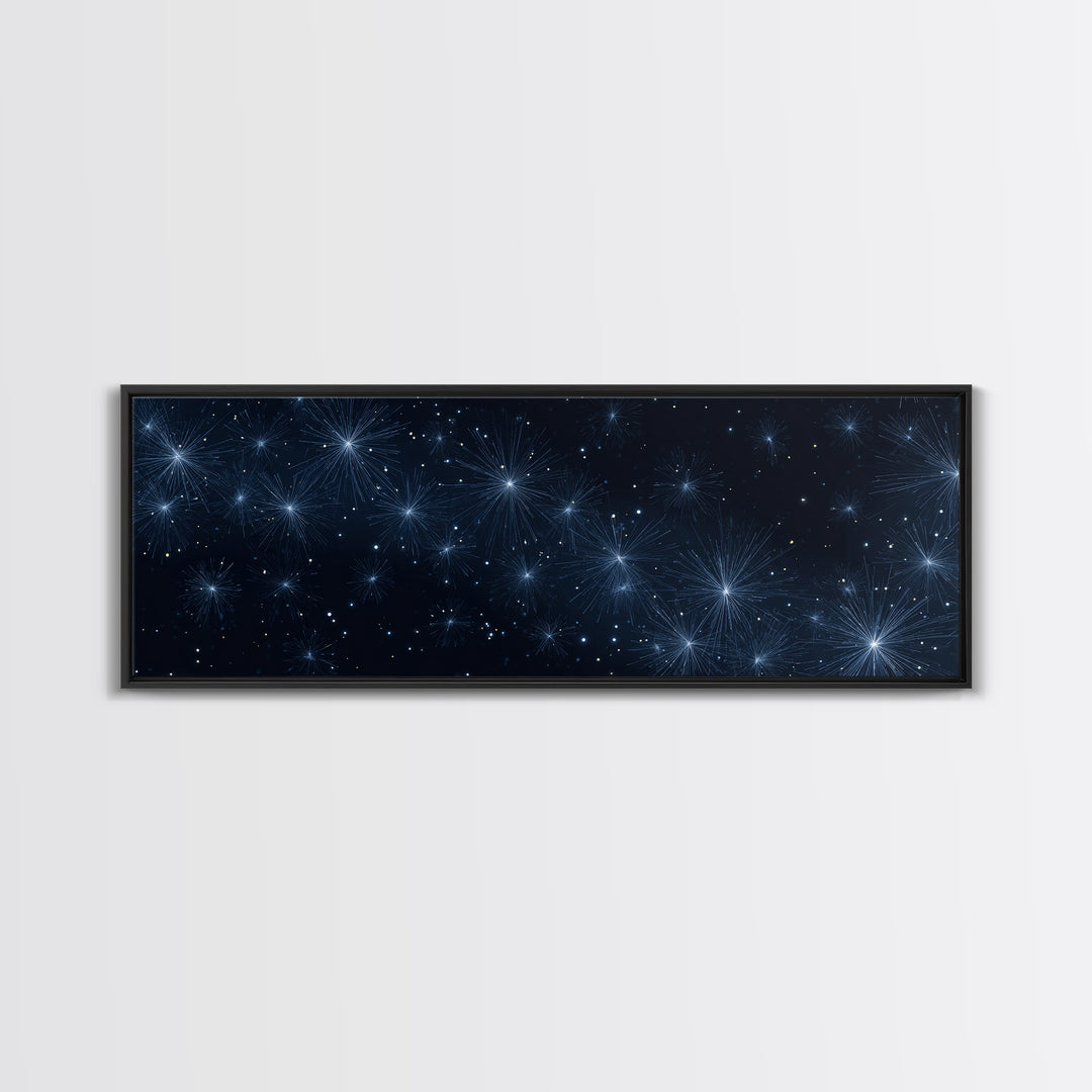 Deep Blue Starburst Night Wall Art, Cosmic Modern Abstract Print, Celestial Space Decor, Navy Bedroom And Home Office Canvas Gift